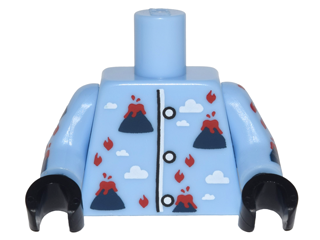 Torso Pajamas with Volcanoes with Lava and Fire and White Clouds Pattern / Bright Light Blue Arms with Volcano Pajamas Pattern / Black Hands