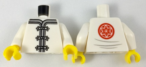 Torso Ninjago Robe with Gray Trim, White Frog Clasps and Red Flower Medallion and Light Bluish Gray Lines on Back Pattern / White Arms / Yellow Hands