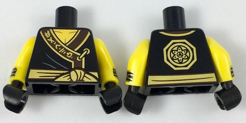 Torso Robe with Dark Brown Hem, Gold Trim and Ninjago Logogram 'EARTH', Dark Bluish Gray Creases, Waist Sash with Knot, Yellow Neck, Octagon and Circle Medallion Logo on Back Pattern / Yellow Arms with Black Cuffs with Gold Stripes Pattern / Black Hands
