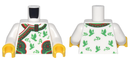 Torso Kimono Robe with Ornate Red and Green Trim, Birds and Flowers Pattern / White Arms / Yellow Hands