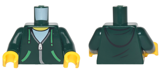 Torso Hoodie with Green Ties and Pockets, Silver Zipper over White Shirt and Hood on Back Pattern / Dark Green Arms / Yellow Hands