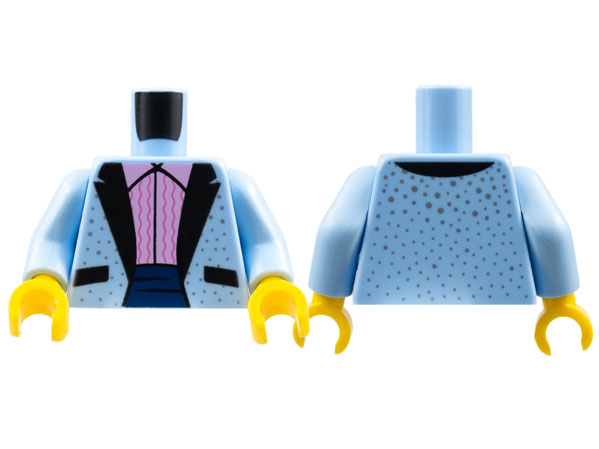 Torso Tuxedo Jacket with Silver Dots, Bright Pink Ruffled Shirt Pattern / Bright Light Blue Arms / Yellow Hands