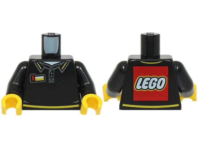 Torso Polo Shirt with Yellow Trim, Name Badge, White Shirt, LEGO Logo on Back Pattern / Black Arms / Yellow Hands
