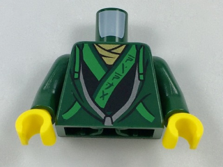 Torso Hoodie with Bright Green Ties and Trim over Ninjago Robe with Ninjago Logogram 'NINJA' Pattern / Dark Green Arms / Yellow Hands