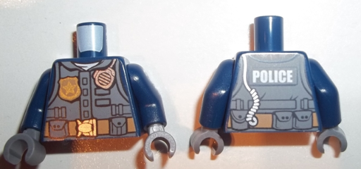 Torso Dark Bluish Gray Body Armor Vest with Strap over White Shirt, Medium Nougat Belt with Pouches and Silver Buckle, Gold Star Badge, Radio with Cord, Thin Font 'POLICE' on Back Pattern / Dark Blue Arms / Dark Bluish Gray Hands