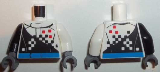 Torso Racing Jacket with Checkered Pattern / White Arm Left / Black Arm Right / Dark Bluish Gray Hands