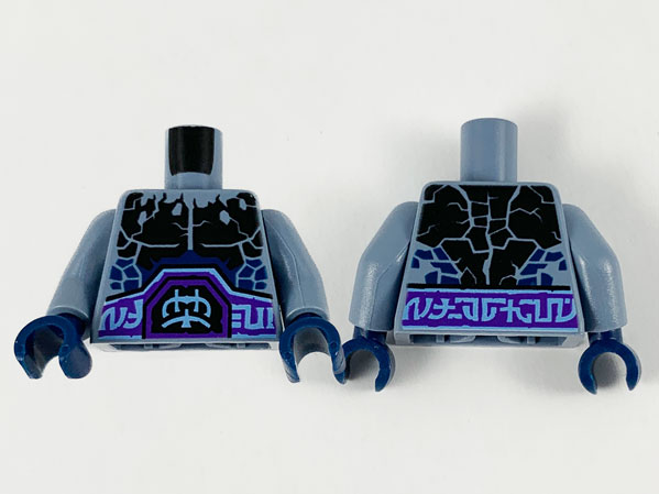 Torso Nexo Knights Bare Chest with Black Cracks, Dark Bluish Gray Scales, Dark Purple and Light Blue Belt Pattern / Sand Blue Arms / Dark Blue Hands