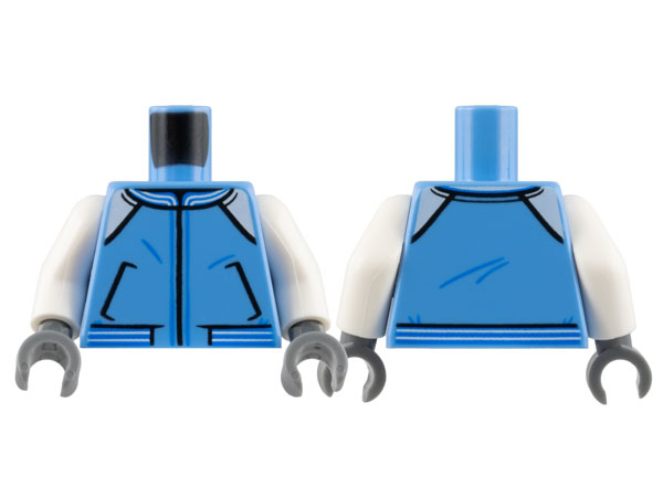 Torso Jacket with Pockets, White Shoulders, and Waistband and Collar with Blue Stripes Pattern / White Arms / Dark Bluish Gray Hands