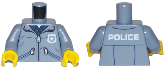 Torso Jacket with Zippers over Dark Blue Shirt with Badge and 'POLICE' Pattern / Sand Blue Arms / Yellow Hands