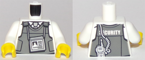 Torso Dark Bluish Gray Body Armor Vest over Shirt, Light Bluish Gray Tie, ID Badge, 'SECURITY' and Silver Radio on Back Pattern / White Arms / Yellow Hands
