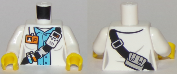 Torso Town Scientist Female with White Shirt Over Medium Blue Shirt, Name Tag, Beakers, and Radio Pattern / White Arms / Yellow Hands
