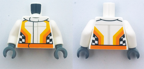 Torso Racing Jacket with Orange Stripes and Checkered Flag on Front and Back Pattern / White Arms / Dark Bluish Gray Hands)