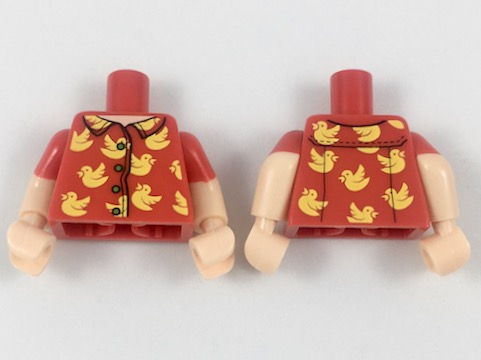 Torso Shirt with Light Nougat Neck, 4 Buttons, Bright Light Orange Birds Pattern / Light Nougat Arms with Molded Red Short Sleeves Pattern / Light Nougat Hands