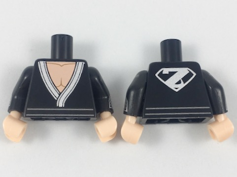 Torso Tunic with Silver Hem and Z on Back Pattern / Black Arms with Flat Silver Chevron and Silver Cuff Pattern / Light Nougat Hands