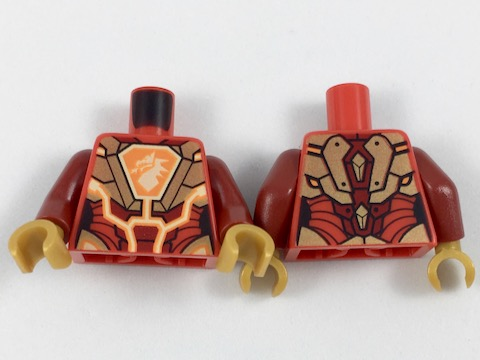 Torso Nexo Knights Female Armor, Orange and Gold Circuitry, Dragon Head on Orange Hexagonal Shield Pattern / Dark Red Arms / Pearl Gold Hands