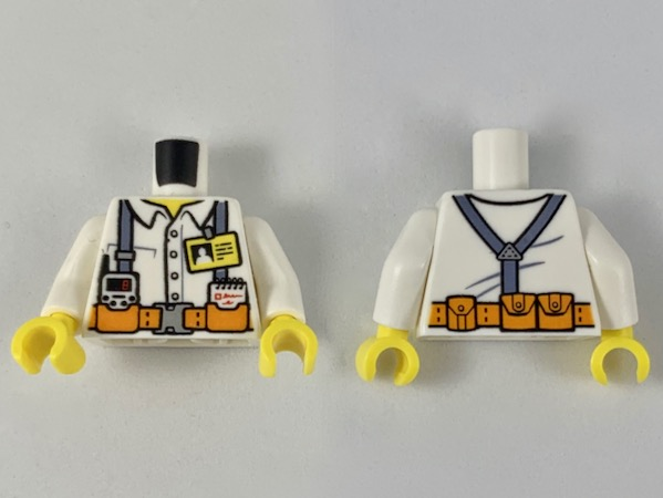 Torso Town Miners White Shirt with Dark Gray Suspender Straps Pattern with Radio, Notebook and ID Badge / White Arms / Yellow Hands