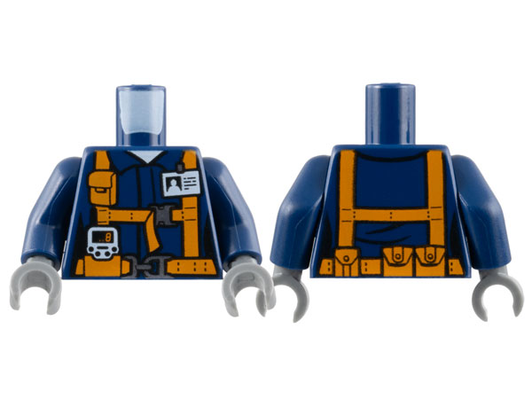 Torso Town Miners Dark Blue Shirt with Orange Suspender Straps with Radio and ID Badge Pattern / Dark Blue Arms / Dark Bluish Gray Hands