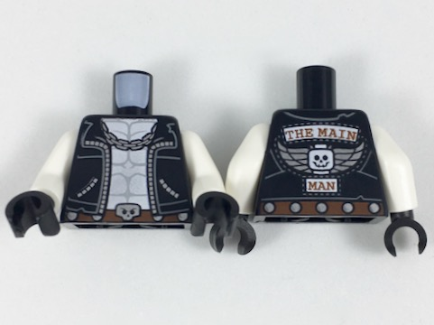 Torso Biker Vest, White Chest with Muscles Outline, Silver Chain, Belt with Skull Buckle, 'THE MAIN MAN' on Back Pattern / White Arms / Black Hands