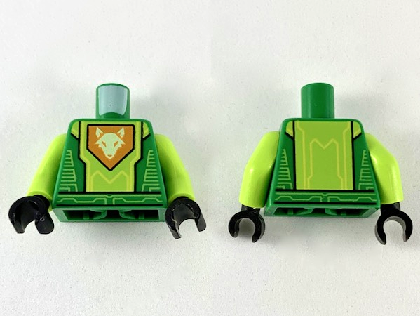 Torso Nexo Knights Armor with Lime Circuitry and Panel with Bright Light Yellow Fox Head on Orange Pentagonal Shield Pattern / Lime Arms / Black Hands