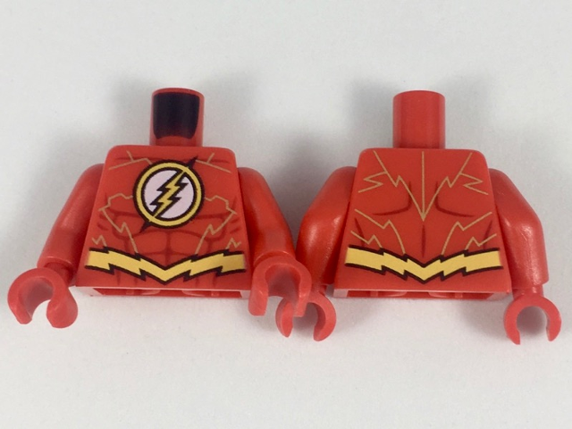 Torso Super Hero Costume Yellow Lightning Bolt in Circle Logo, Dark Red Muscles Outline, Jagged Belt, Gold Lines Pattern (The Flash) / Red Arms / Red Hands