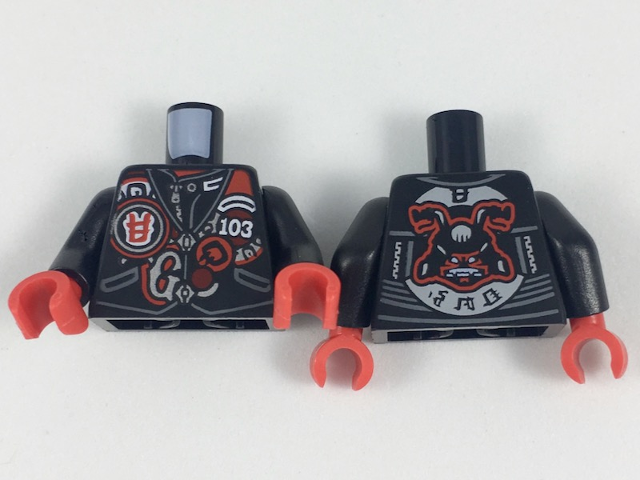 Torso Biker Vest with Number 103 and Red and Silver Patches, Garmadon Mask on Back Pattern / Black Arms / Red Hands