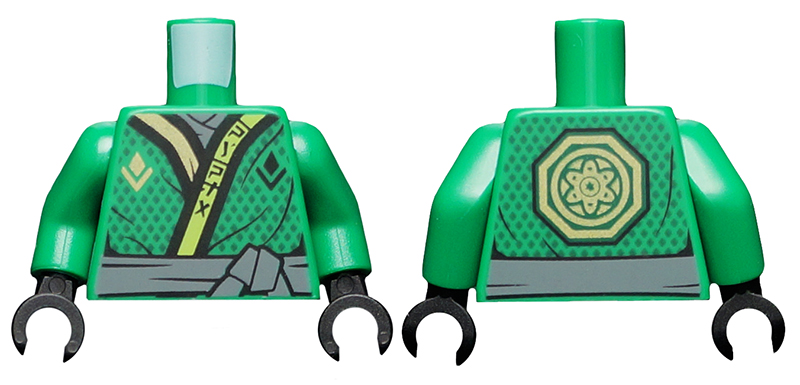 Torso Ninjago Robe with Lime and Gold Trim, Gold Symbol, Black Dots, Dark Bluish Gray Sash Pattern / Green Arms / Black Hands