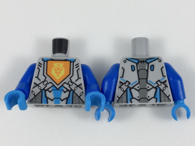Torso Nexo Knights Armor with Orange Emblem with Yellow Crowned Lion, Silver and Dark Azure Panels Pattern / Blue Arms / Dark Azure Hands