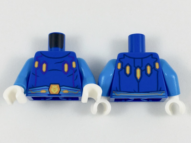 Torso Nexo Knights with Orange and Yellow Crystals, Dark Azure Belt with Crowned Lion Hexagon Buckle Pattern / Dark Azure Arms / White Hands