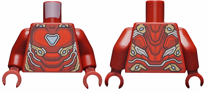 Torso Armor with Bright Light Blue Triangle Arc Reactor, Red Panels, Gold and Silver Trim Pattern (Iron Man Mark 50) / Dark Red Arms / Dark Red Hands