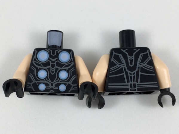 Torso Armor with 6 Metallic Light Blue, Bright Light Blue and White Circles, Dark Bluish Gray Contour Lines Pattern / Light Nougat Arms / Black Hands