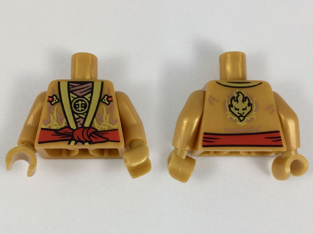 Torso Ninjago Robe, Gold and Copper Flames, Red Sash Pattern / Pearl Gold Arms / Pearl Gold Hands