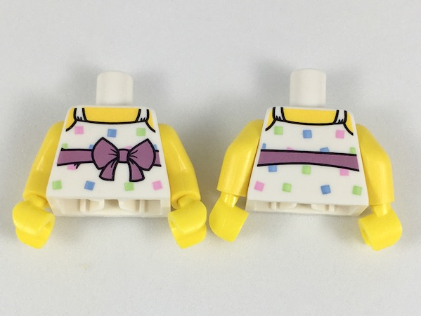 Torso Female Top with Straps, Medium Lavender Belt with Bow, Bright Colored Squares Pattern / Yellow Arms / Yellow Hands