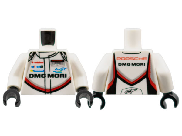 Torso Racing Suit with 'PORSCHE DMG MORI' and Black, Red and Light Bluish Gray Stripe on Front and Back Pattern / White Arms / Black Hands