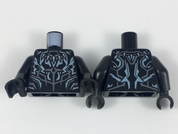 Torso Armor with Dark Bluish Gray Fang Necklace and Panel Lines, Metallic Light Blue Highlights Pattern / Black Arms / Black Hands