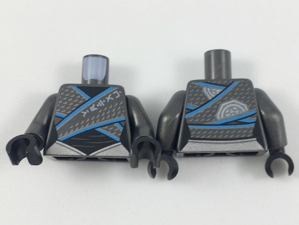 Torso Ninjago Female Tunic over Black Shirt, Tiny Silver Triangles and Belt, Dark Azure Trim Pattern / Pearl Dark Gray Arms / Black Hands