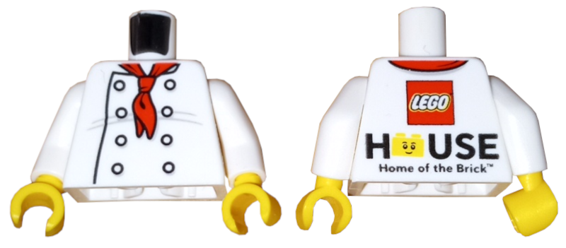 Torso Chef with 8 Buttons, Long Red Neckerchief, Light Bluish Gray Wrinkles Front, LEGO House Home of the Brick Back Pattern / White Arms / Yellow Hands