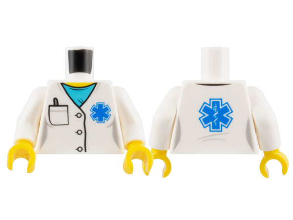 Torso Hospital Lab Coat, Medium Azure Scrubs, Blue EMT Star of Life, Pocket with Pen Pattern / White Arms / Yellow Hands