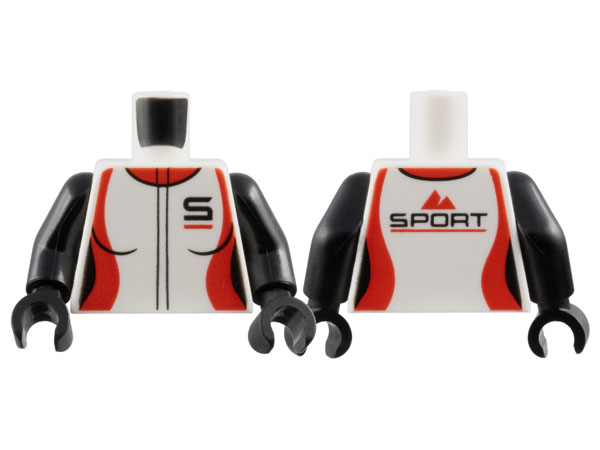 Torso Female Racing Suit with Black Capital Letter S and Red Collar and Side Panels, Mountains Logo and 'SPORT' on Back Pattern / Black Arms / Black Hands