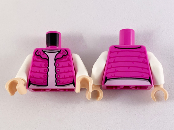 Torso Female Puffy Coat Open with Magenta Gathers and Silver Buttons over White Shirt with Light Bluish Gray Collar Pattern / White Arms / Light Nougat Hands