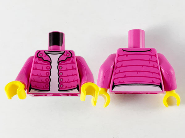 Torso Female Puffy Coat Open with Magenta Gathers and Silver Buttons over White Shirt with Light Bluish Gray Collar Pattern / Dark Pink Arms / Yellow Hands
