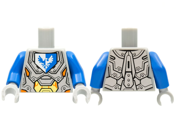 Torso Nexo Knights Armor with Orange and Gold Circuitry and Emblem with Blue Falcon Pattern / Blue Arms / Light Bluish Gray Hands
