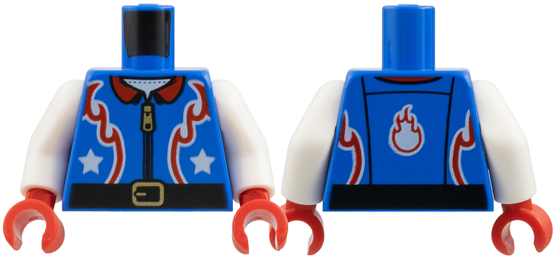 Torso Flight Suit Jacket with Zipper and Red Flames and Collar, White Stars and Black Belt Pattern / White Arms / Red Hands