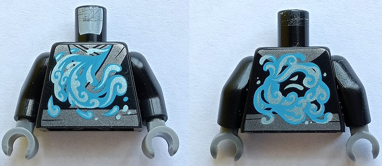 Torso Ninja Robe Silver Trim with Blue Wave Pattern / Black Arms / Dark Bluish Gray Hands