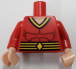 Torso Super Hero Costume with Black and Yellow Collar and Belt with Stripes and Diamond, Dark Red Muscles Outline, Light Nougat Neck Pattern / Red Arms / Light Nougat Hands