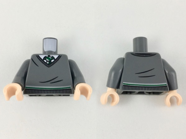 Torso V-Neck Sweater, White Collar, Green and White Tie and Waist Trim (Slytherin) Pattern / Dark Bluish Gray Arms / Light Nougat Hands