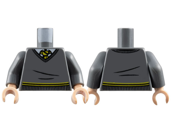 Torso V-Neck Sweater with Waistband over White Shirt with Collar, Yellow and Black Tie Pattern / Dark Bluish Gray Arms / Light Nougat Hands