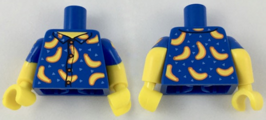 Torso Shirt with Buttons, Bananas, and Bright Light Blue Triangles, Yellow Neck Pattern / Yellow Arms with Molded Blue Short Sleeves and Printed Bananas and Bright Light Blue Triangles Pattern / Yellow Hands