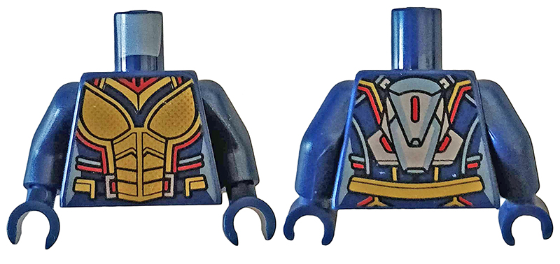 Torso Female Armor with Gold Plates and Red and Metallic Light Blue Trim, Silver Jet Pack on Back Pattern / Dark Blue Arms / Dark Blue Hands