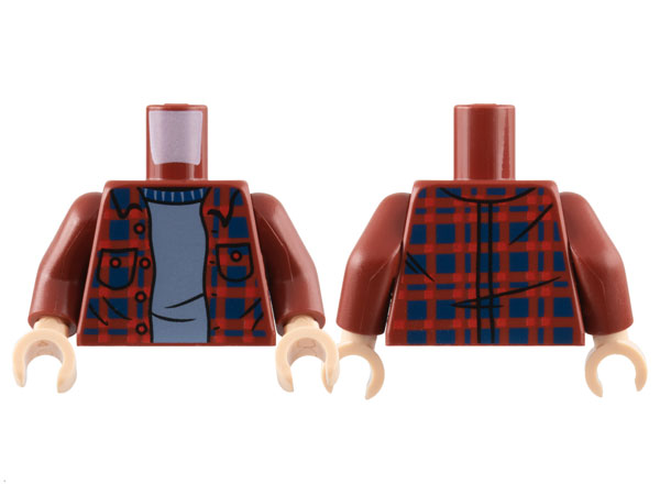 Torso Plaid Flannel Shirt Open with Buttons, Pockets and Dark Blue Squares over Sand Blue Sweater Pattern / Dark Red Arms / Light Nougat Hands