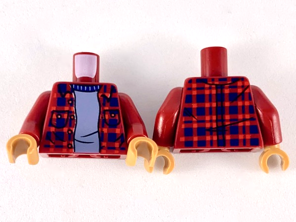 Torso Plaid Flannel Shirt Open with Buttons, Pockets and Dark Blue Squares over Sand Blue Sweater Pattern / Dark Red Arms / Medium Nougat Hands